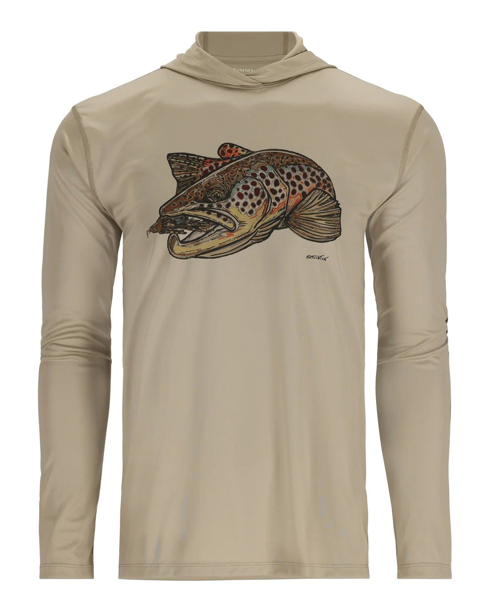 Simms Men's Tech Hoody - Artist Series - Stone/Brown Trout FFF Logo - Apparel - Fly Fish Food