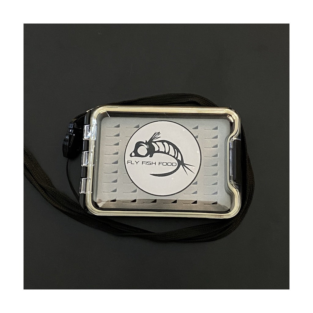 FLY FISH FOOD LOGO FLY BOX, CLEAR SINGLE SIDED - SMALL W/ LANYARD, EASY GRIP FOAM - Fly Boxes - Fly Fish Food