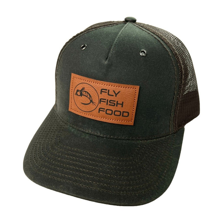 Fly Fish Food Logo Leather Patch Hat - Dark Olive - Hats - Fly Fish Food