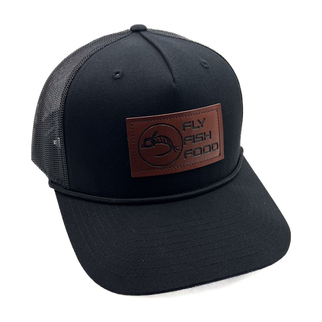 Fly Fish Food Logo Leather Patch w/Black Rope Hat - Solid Black - Hats - Fly Fish Food