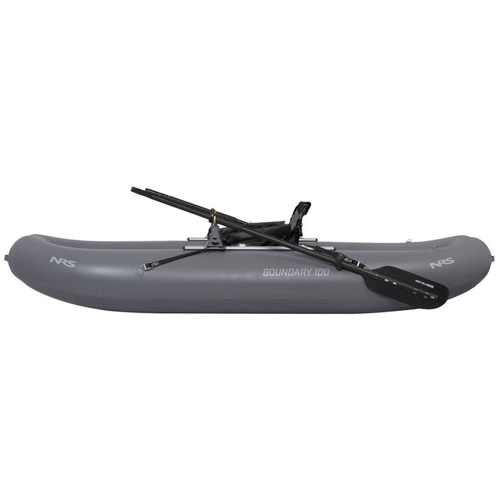 NRS Boundary 100 Personal Fishing Raft in gray, side view with oars and Boundary 100 lettering