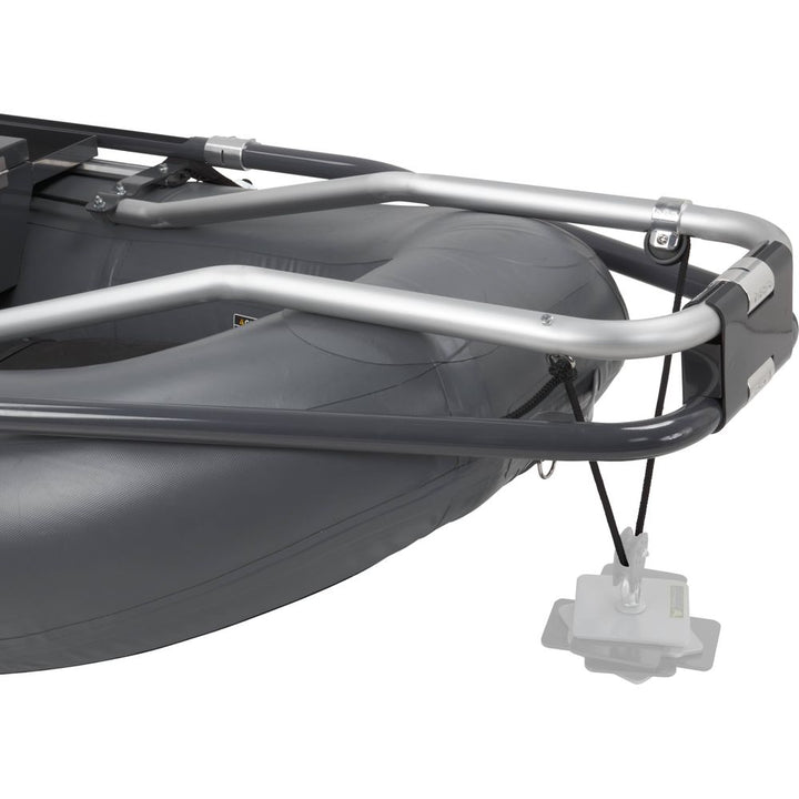 NRS Approach 120 two-person fishing raft, gray, bow frame detail with anchor system