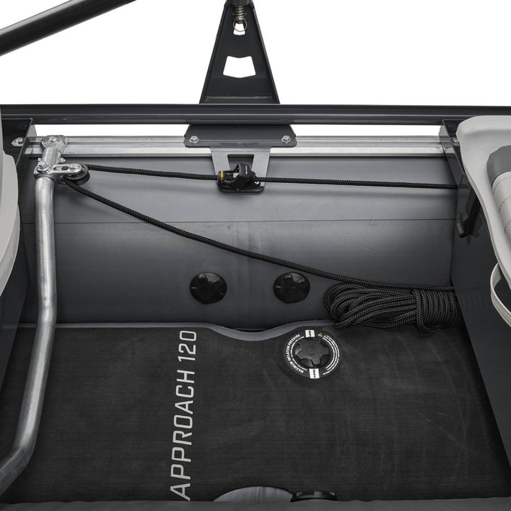 NRS Approach 120 two-person fishing raft, gray, floor and frame detail with Approach 120 lettering and anchor rope
