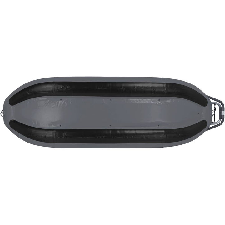 NRS Approach 120 two-person fishing raft, gray, bottom view of hull