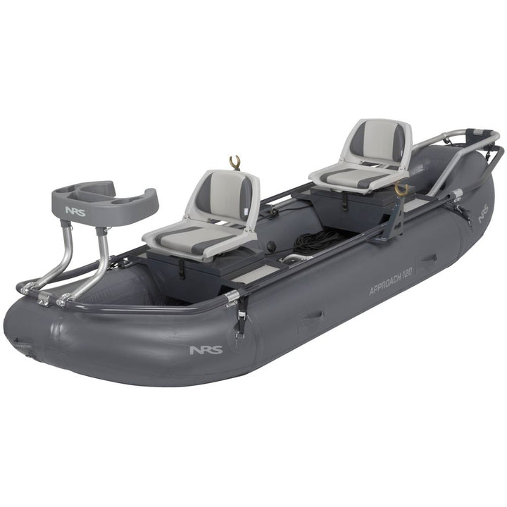 NRS Approach 120 two-person fishing raft, gray, front three-quarter view with two swivel seats and rear casting platform