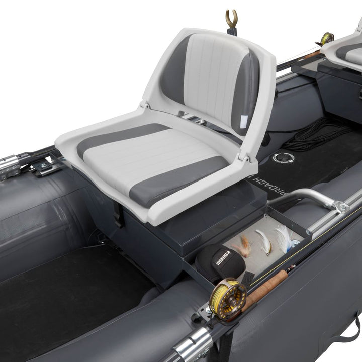NRS Approach 120 two-person fishing raft, gray, close-up of swivel seat, fly box tray and fly reel on frame
