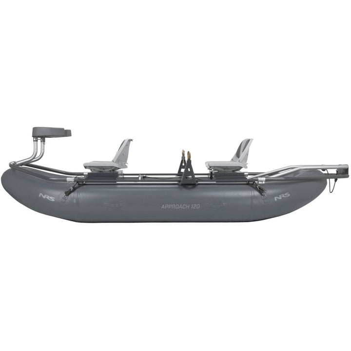 NRS Approach 120 two-person fishing raft, gray, side profile showing Approach 120 and NRS logos