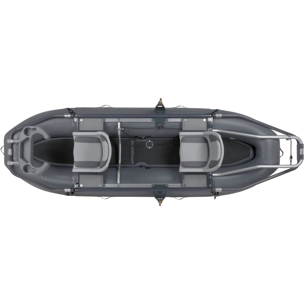 NRS Approach 120 two-person fishing raft, gray, overhead view of seats, frame and casting platform