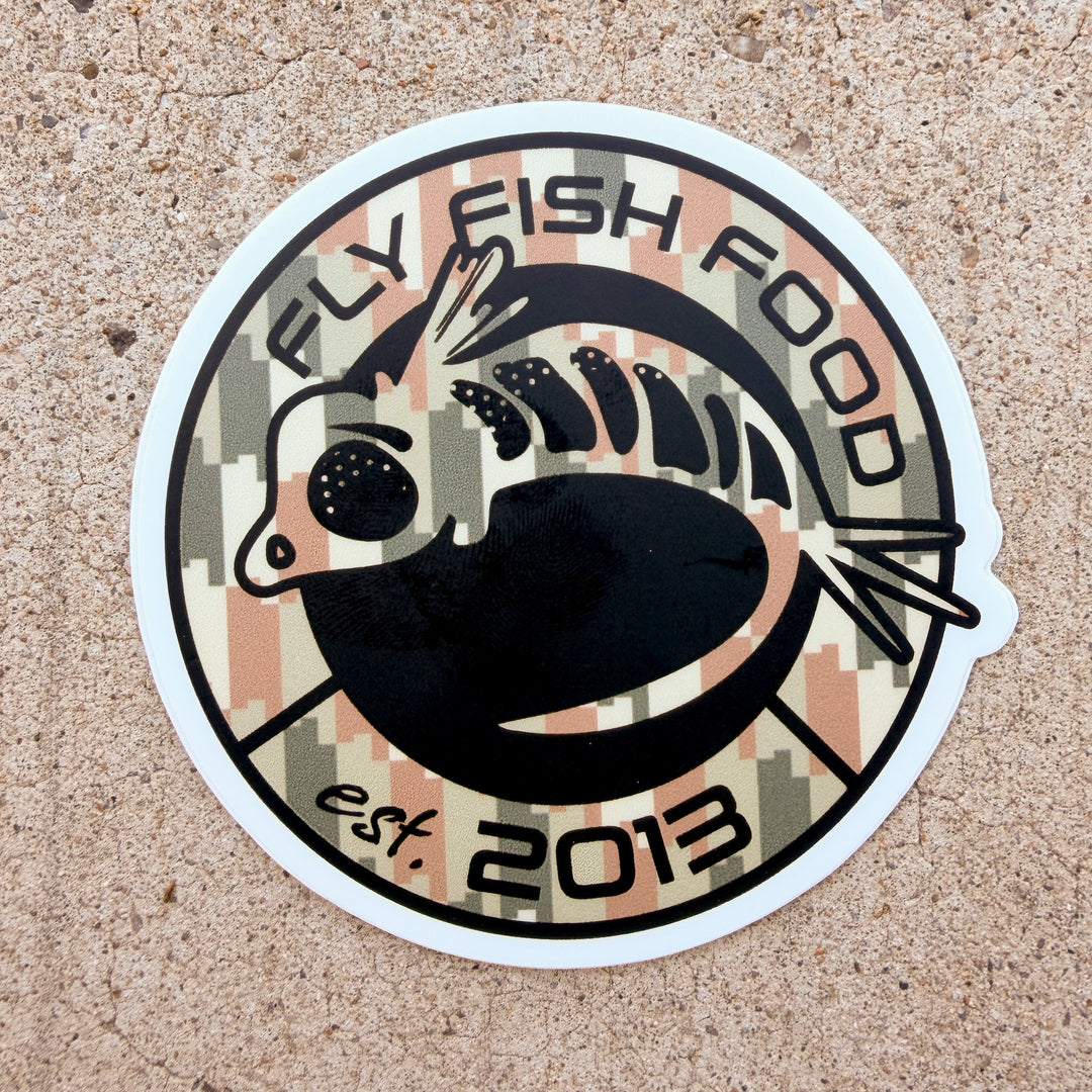 Fly Fish Food Anniversary Sticker - Digi Camo (3")