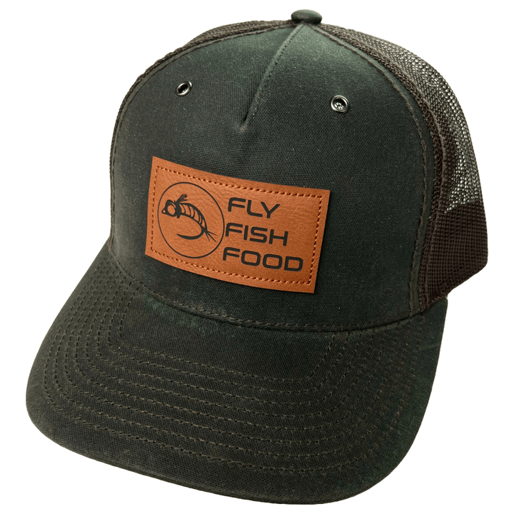 Fly Fish Food Logo Leather Patch Hat - Dark Olive - Hats - Fly Fish Food