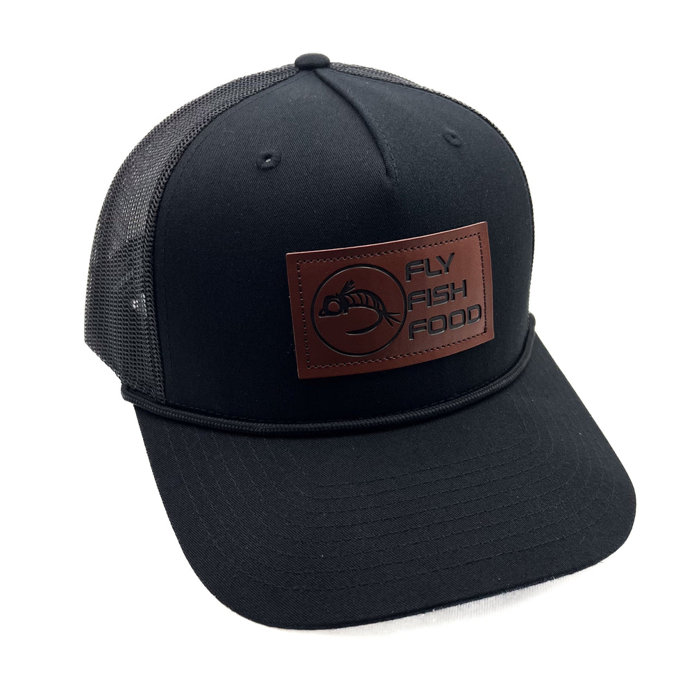 Fly Fish Food Logo Leather Patch w/Black Rope Hat - Solid Black - Hats - Fly Fish Food