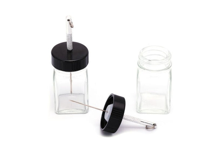 Hareline Empty Glass 1oz Glue Jar with Applicator Bodkin - UV Resin &amp; Adhesives - Fly Fish Food