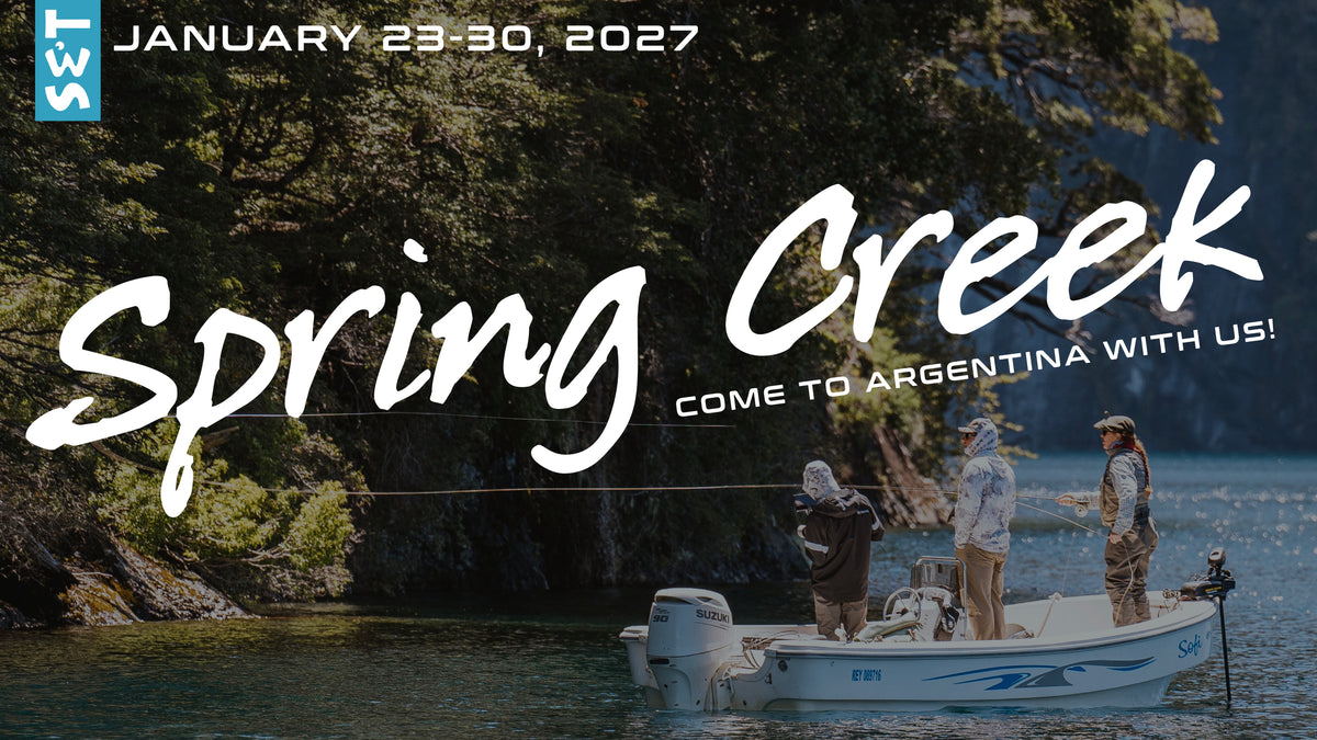Fisherman fishing at Spring Creek Lodge with text overlay about our trip on Jan 23-30, 2027