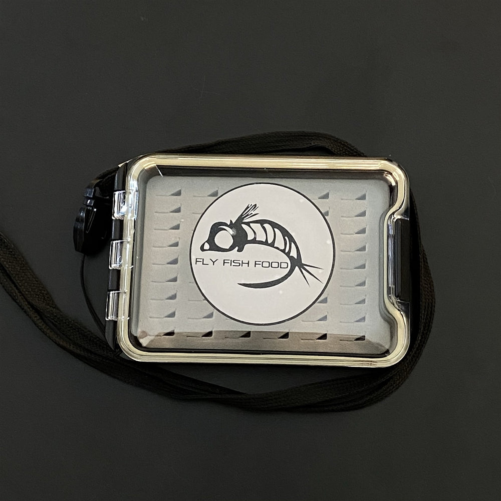 FLY FISH FOOD LOGO FLY BOX, CLEAR SINGLE SIDED - SMALL W/ LANYARD, EASY GRIP FOAM - Fly Boxes - Fly Fish Food