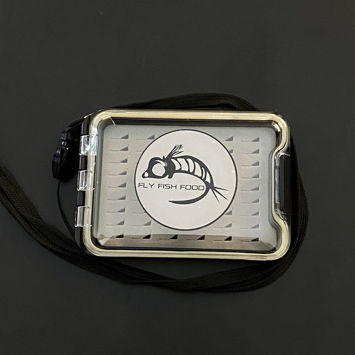 FLY FISH FOOD LOGO FLY BOX, CLEAR SINGLE SIDED - SMALL W/ LANYARD, EASY GRIP FOAM - Fly Boxes - Fly Fish Food